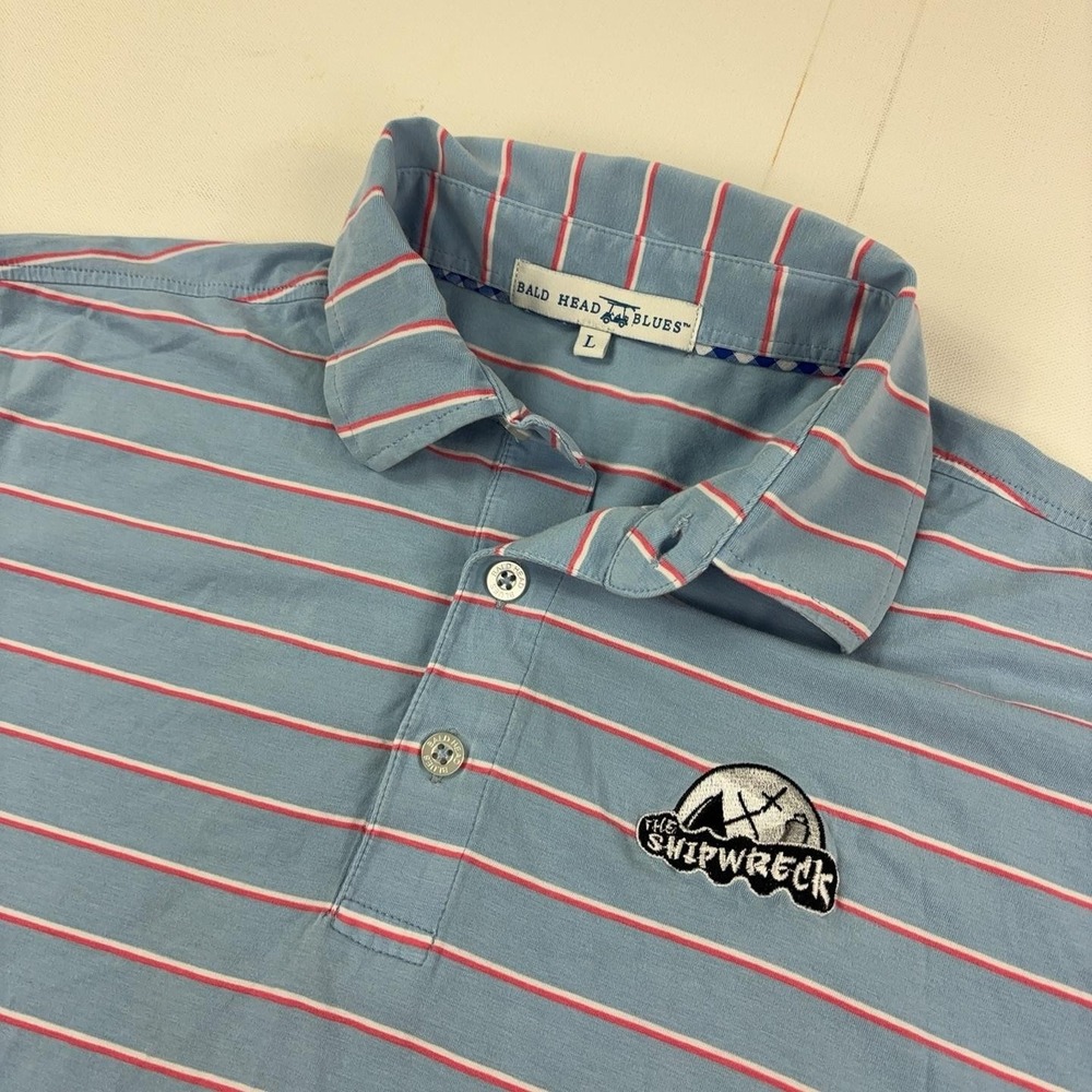 Bald Head Blues Polo Shirt Mens L Blue Striped The Shipwreck Logo Short Sleeve